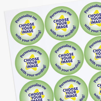 Sheet of colorful stickers with text 'Personalise me, choose your image with your wording!' on a white background.