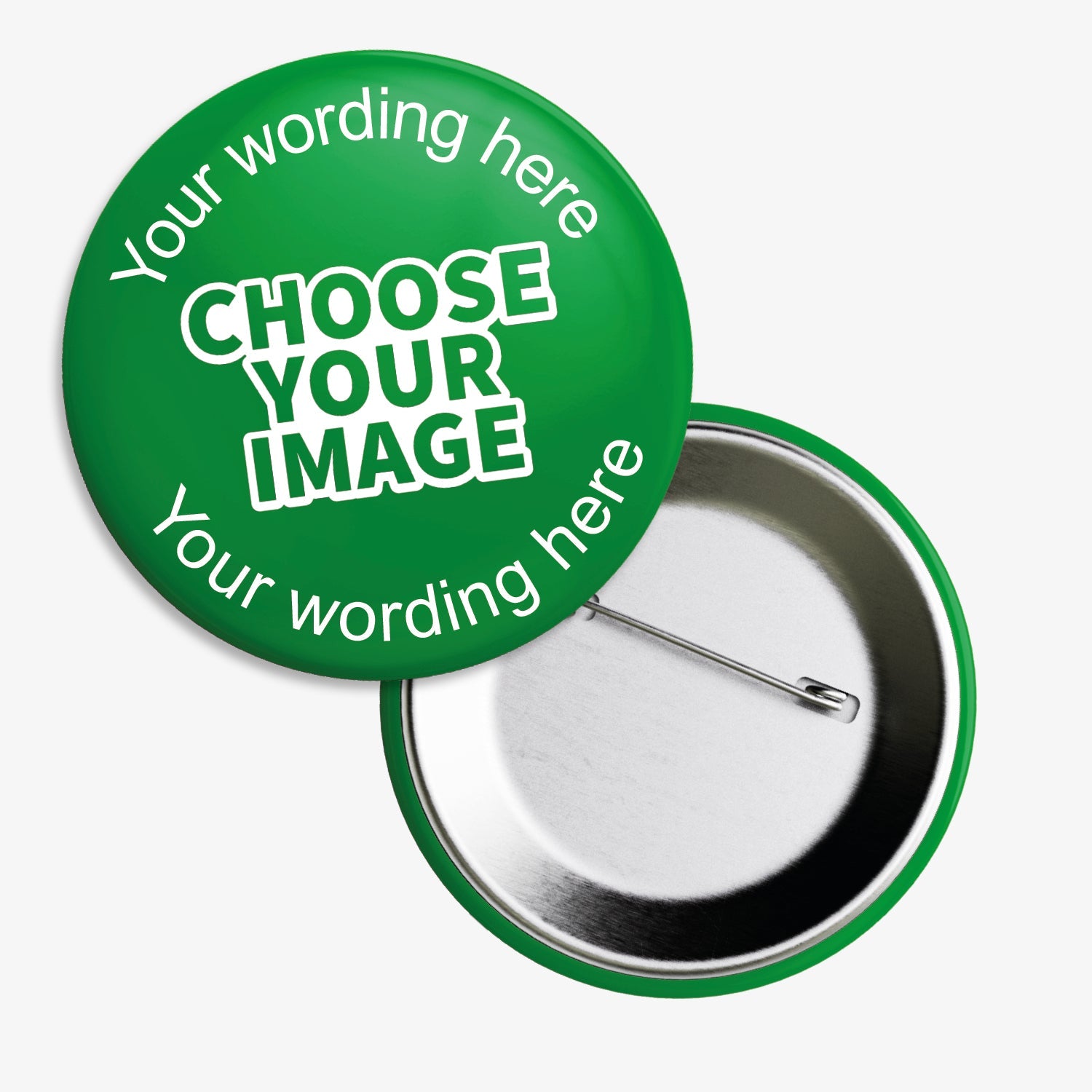 A set of ten 38mm round badges featuring a colour choice background with a central area for custom designs; each badge includes the text 'Your wording here' above and below a placeholder reading 'CHOOSE YOUR IMAGE'; designed for personalisation with images or text, ideal for school rewards or events