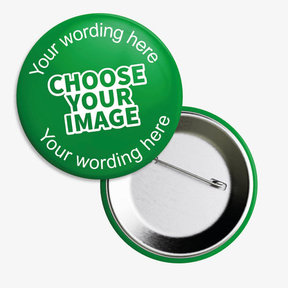 A set of ten 38mm round badges featuring a colour choice background with a central area for custom designs; each badge includes the text 'Your wording here' above and below a placeholder reading 'CHOOSE YOUR IMAGE'; designed for personalisation with images or text, ideal for school rewards or events