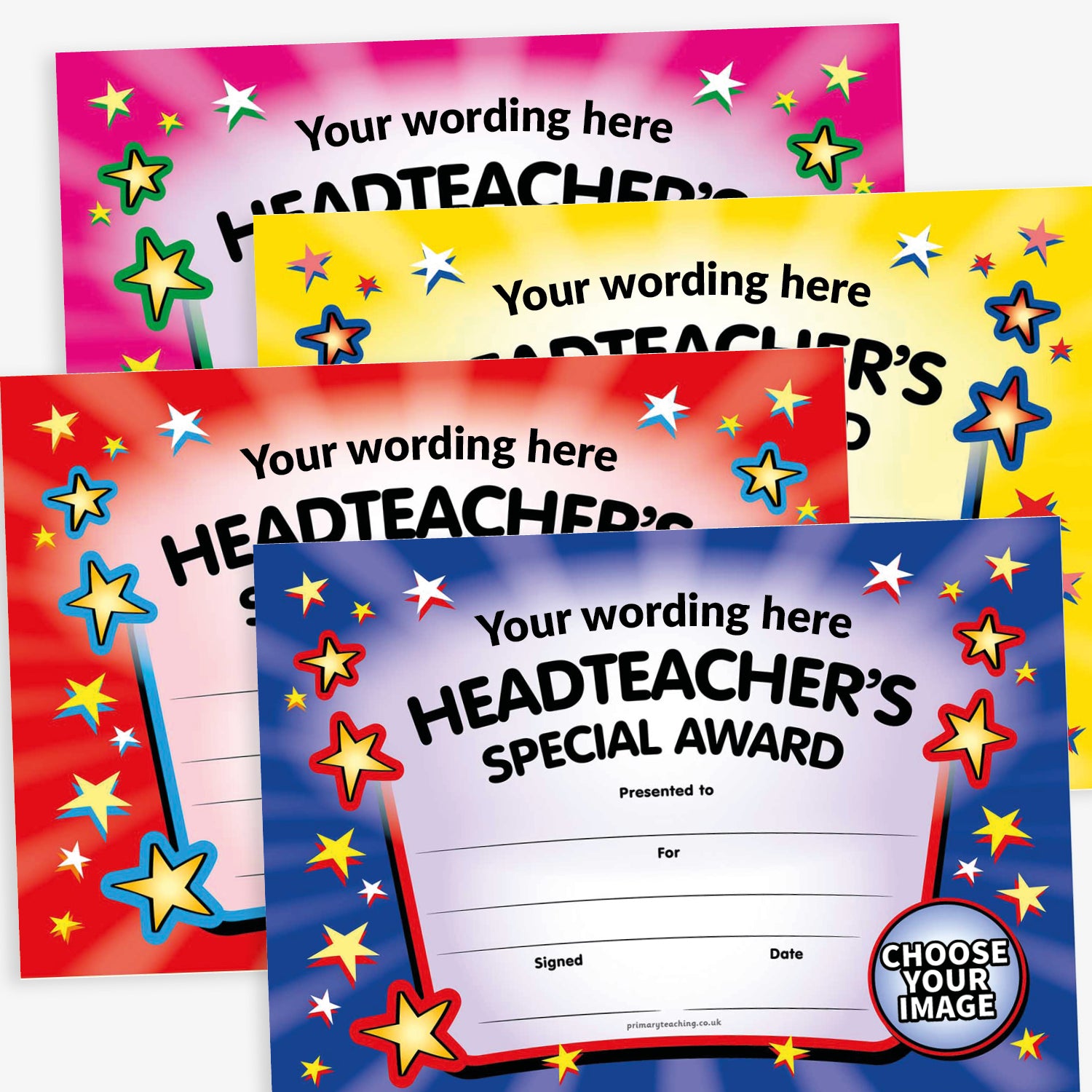 A5 certificate with a colourful star border and the title 'Headteacher’s Special Award' at the top. Multiple colours to choose selcetion from and space to upload an image in bottom right corner.