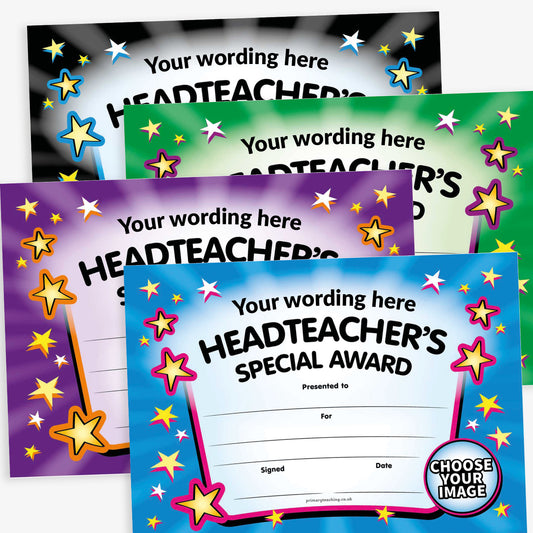 A5 certificate with a colourful star border and the title 'Headteacher’s Special Award' at the top. Multiple colours to choose selcetion from and space to upload an image in bottom right corner.