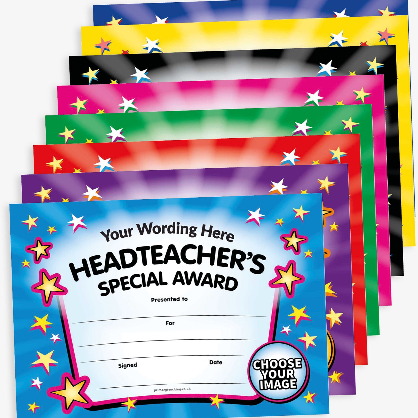 A5 certificate with a colourful star border and the title 'Headteacher’s Special Award' at the top. Multiple colours to choose selcetion from and space to upload an image in bottom right corner.