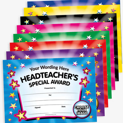 A5 certificate with a colourful star border and the title 'Headteacher’s Special Award' at the top. Multiple colours to choose selcetion from and space to upload an image in bottom right corner.