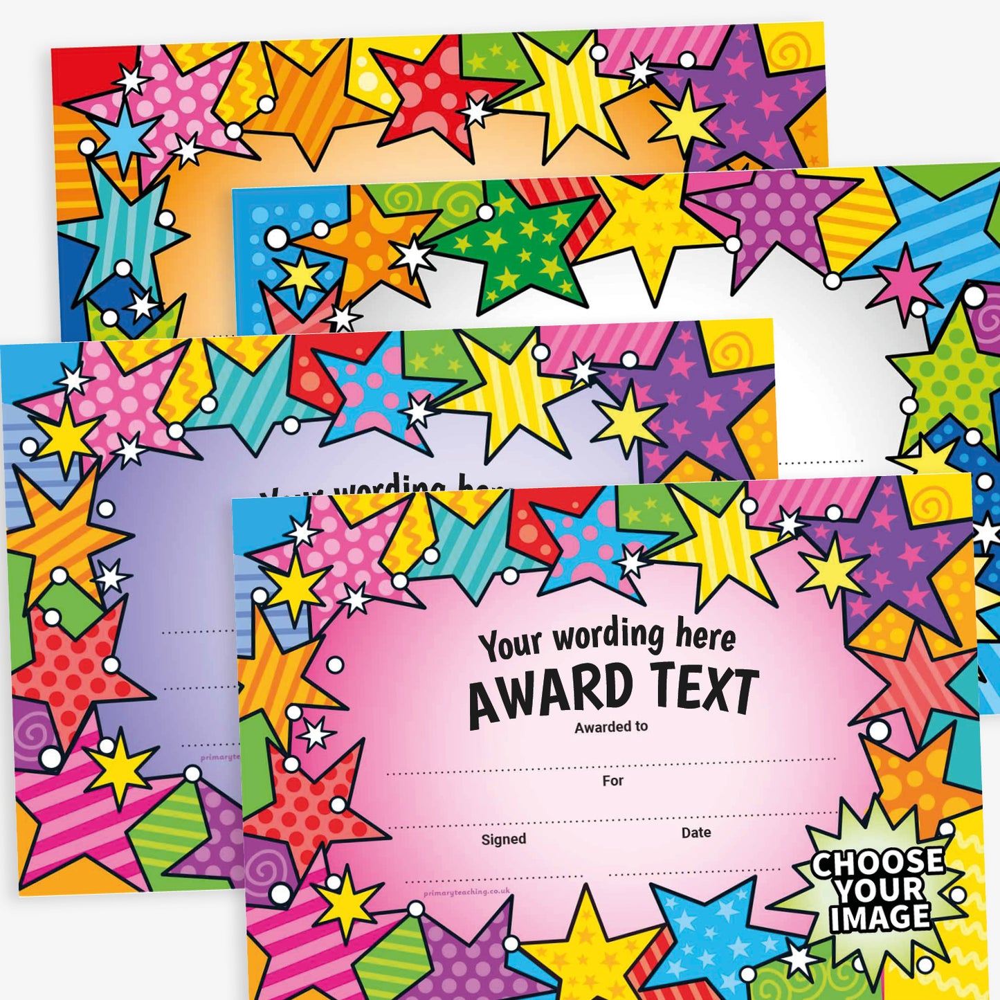 Set of colourful A5 award certificates with bold, star-themed borders in various colour schemes including blue, orange, and yellow. Each certificate features the placeholder text 'Your wording here' and 'Award Text', with dynamic star graphics in assorted sizes and patterns. Includes blank lines for 'Awarded to', 'For', 'Signed', and 'Date', along with a circular badge area marked 'Choose Your Image' for customisation.