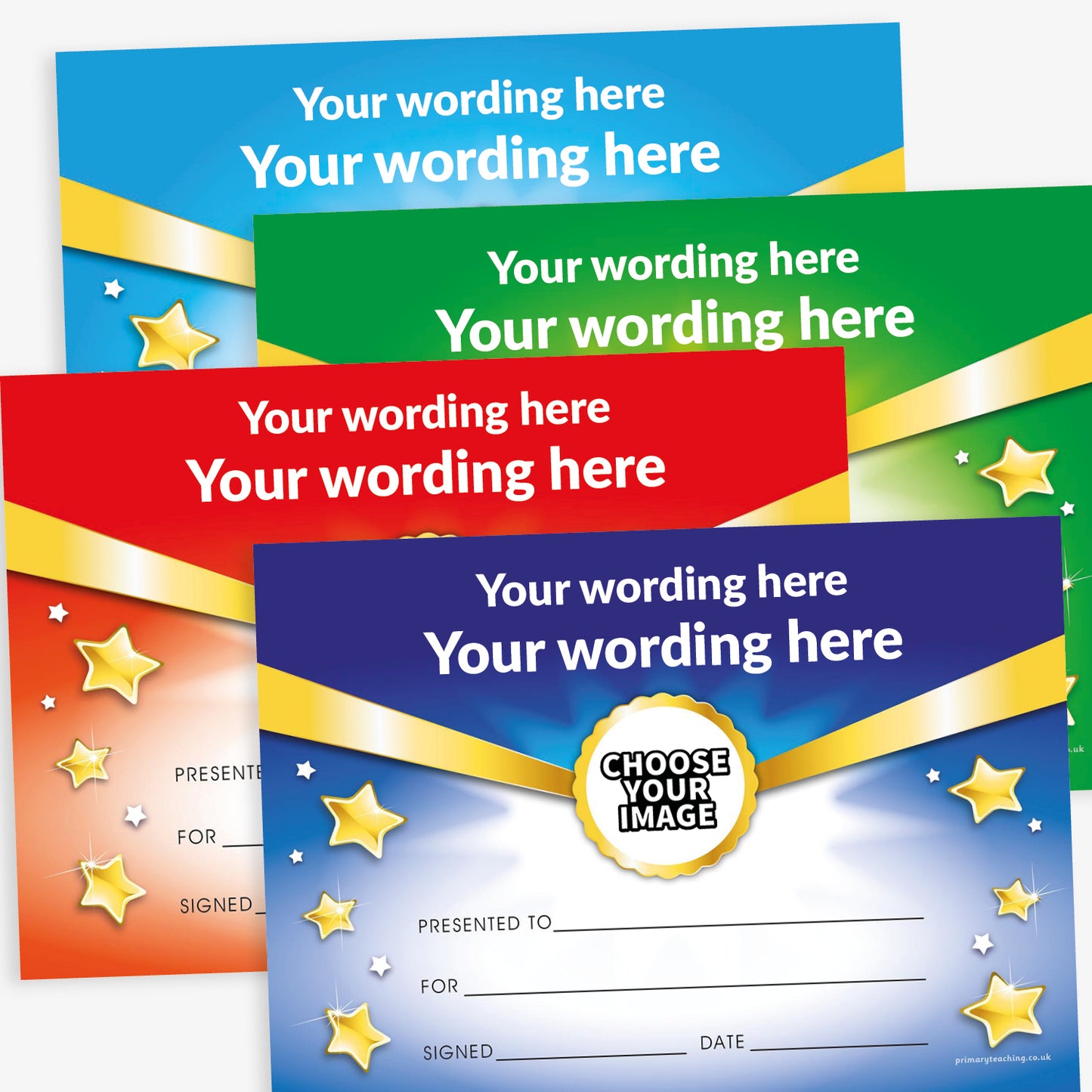 Customisable A5 award certificates in red, blue, green, and purple colour themes. Each certificate features the placeholder text 'Your wording here' at the top, with gold ribbon accents and scattered stars. Includes blank lines for 'Presented to', 'For', 'Signed', and 'Date', and a central circular badge space labelled 'Choose Your Image' for personalisation.