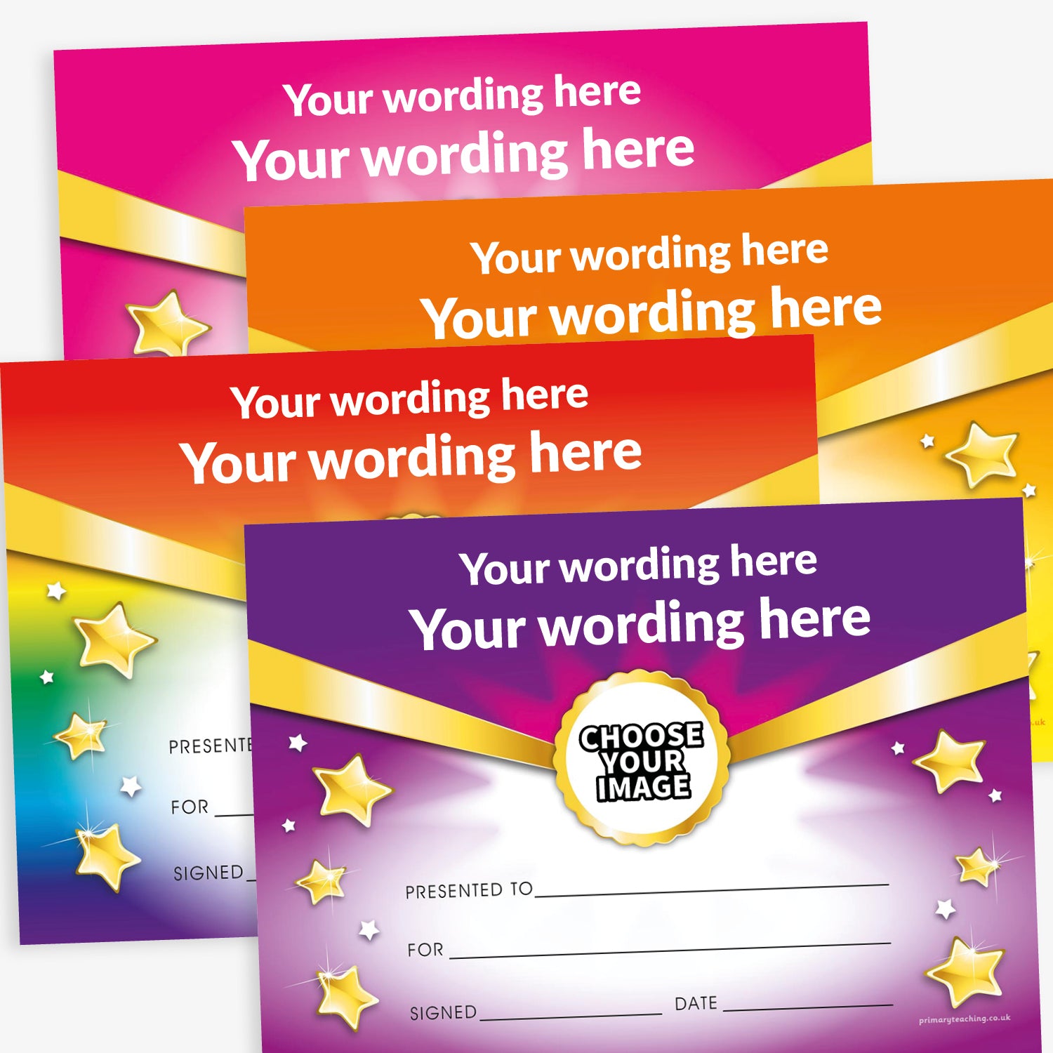 Customisable A5 award certificates in purple, rainbow, orange and magenta colour themes. Each certificate features the placeholder text 'Your wording here' at the top, with gold ribbon accents and scattered stars. Includes blank lines for 'Presented to', 'For', 'Signed', and 'Date', and a central circular badge space labelled 'Choose Your Image' for personalisation.