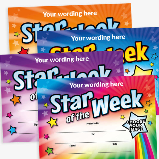 Set of four 'Star of the Week' A5 certificates with bold, colourful designs in red, purple, blue, and orange themes. Each certificate includes the placeholder text 'Your wording here' above the large title, with decorative stars and rainbow accents. Features blank lines for 'Presented to', 'For', 'Signed', and 'Date', along with a 'Choose Your Image' badge for customisation.