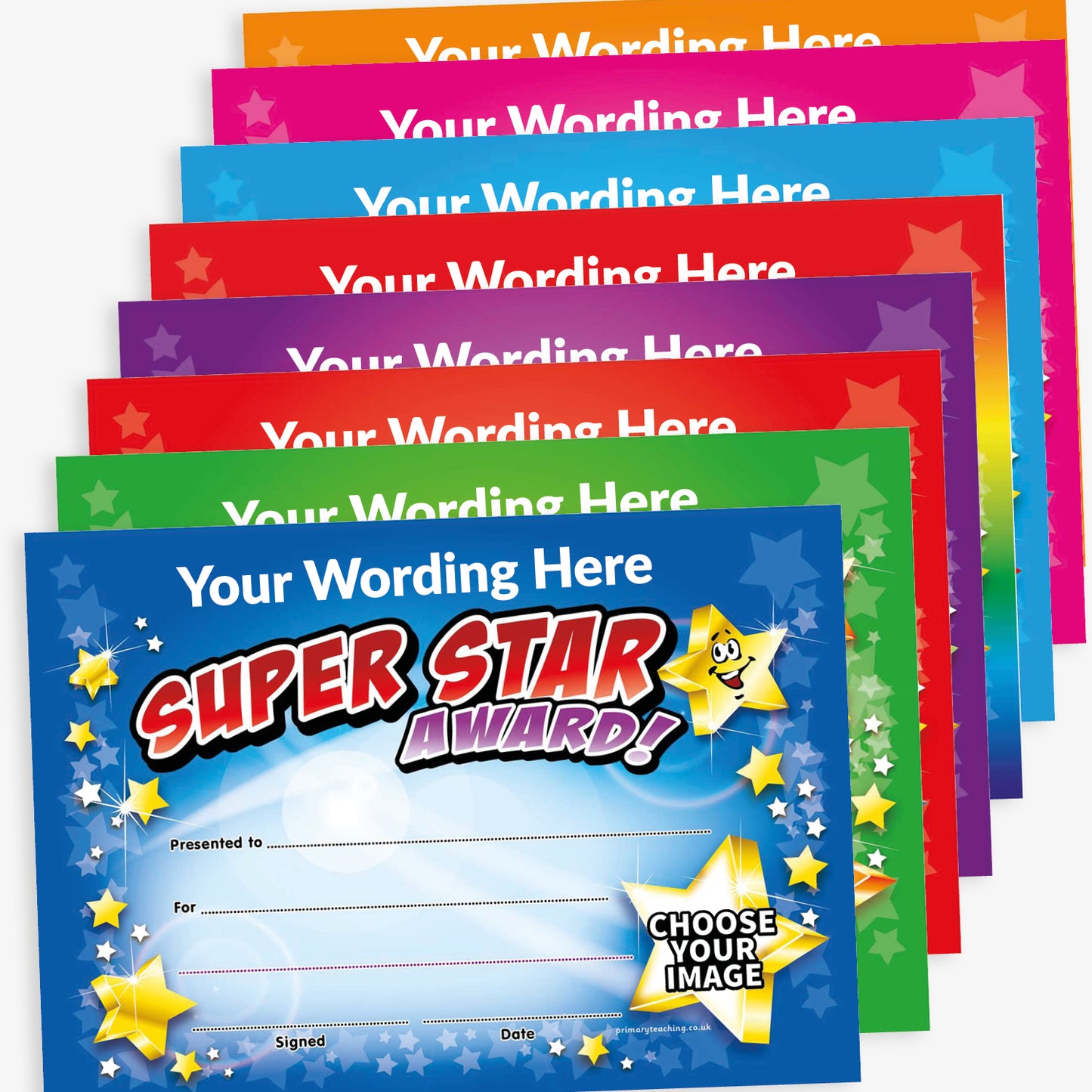Eight 'Super Star Award' certificates in vibrant colour themes. Each A5 certificate features vibrant text saying 'SUPER STAR AWARD' with smiling cartoon stars. The top section includes placeholder text 'Your wording here'. There are blank lines for 'Presented to', 'For', 'Signed', and 'Date', and a circular badge area labelled 'Choose Your Image' for customisation.