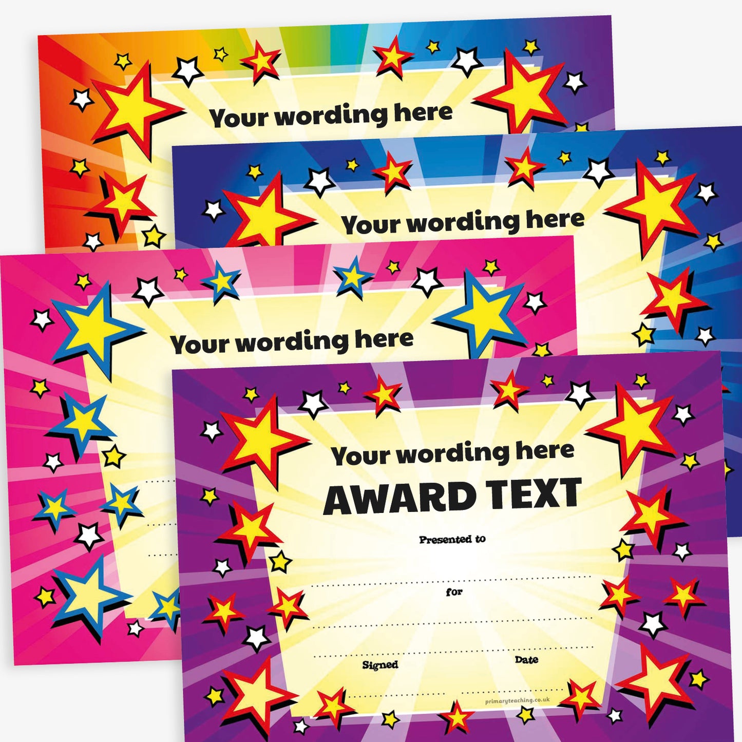 Four A5 award certificates with dynamic starburst backgrounds in rainbow, blue, magenta and purple themes. Each certificate displays placeholder text 'Your wording here' and 'Award Text', surrounded by bold red, yellow, and blue star graphics. Includes blank lines for 'Presented to', 'For', 'Signed', and 'Date', with space for custom wording.