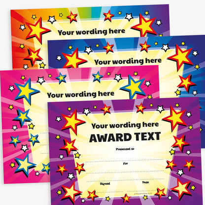 Four A5 award certificates with dynamic starburst backgrounds in rainbow, blue, magenta and purple themes. Each certificate displays placeholder text 'Your wording here' and 'Award Text', surrounded by bold red, yellow, and blue star graphics. Includes blank lines for 'Presented to', 'For', 'Signed', and 'Date', with space for custom wording.