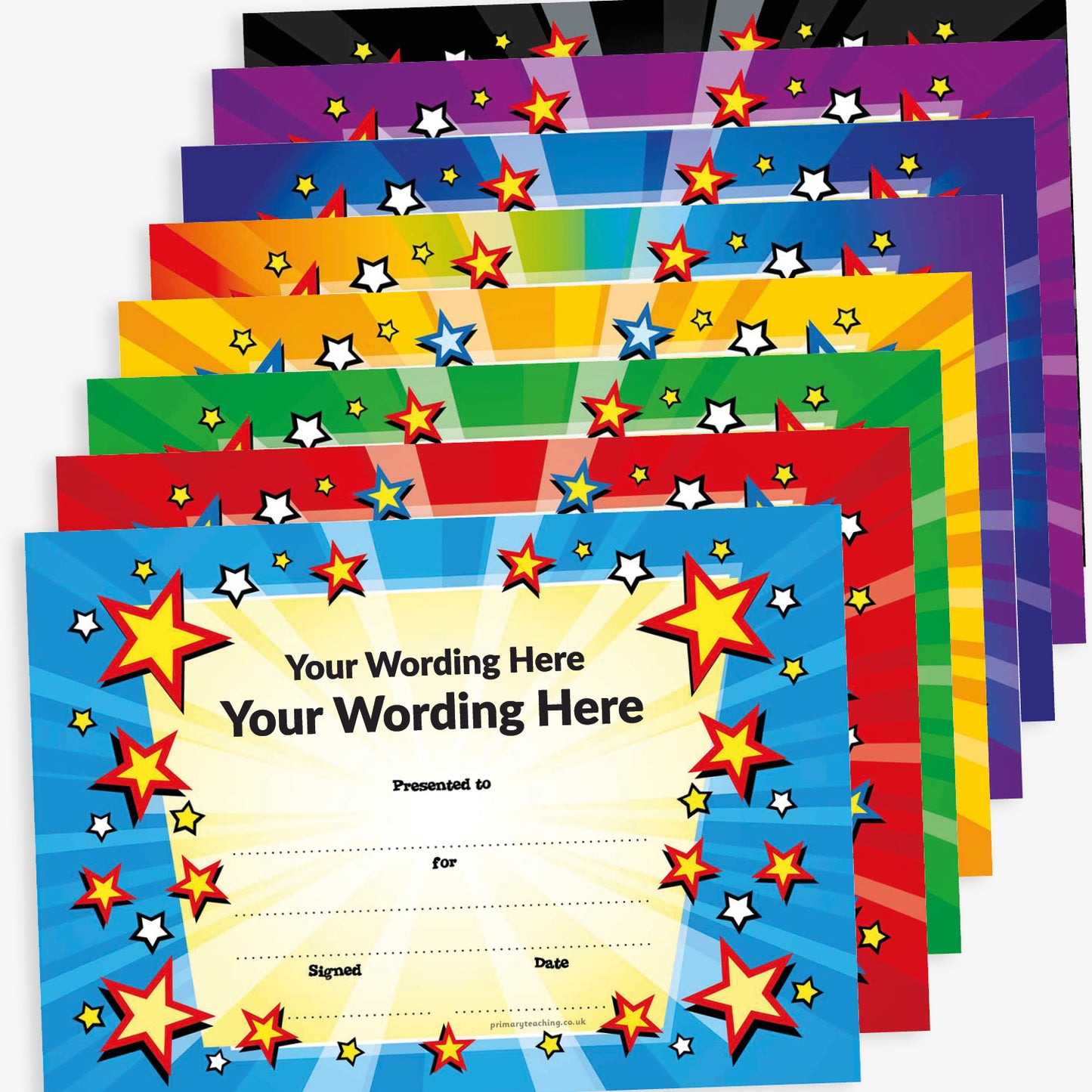 Eight A5 award certificates with dynamic starburst backgrounds in vibrant colour themes. Each certificate displays placeholder text 'Your wording here' and 'Award Text', surrounded by bold red, yellow, and blue star graphics. Includes blank lines for 'Presented to', 'For', 'Signed', and 'Date', with space for custom wording.