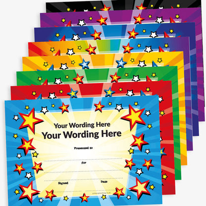 Eight A5 award certificates with dynamic starburst backgrounds in vibrant colour themes. Each certificate displays placeholder text 'Your wording here' and 'Award Text', surrounded by bold red, yellow, and blue star graphics. Includes blank lines for 'Presented to', 'For', 'Signed', and 'Date', with space for custom wording.