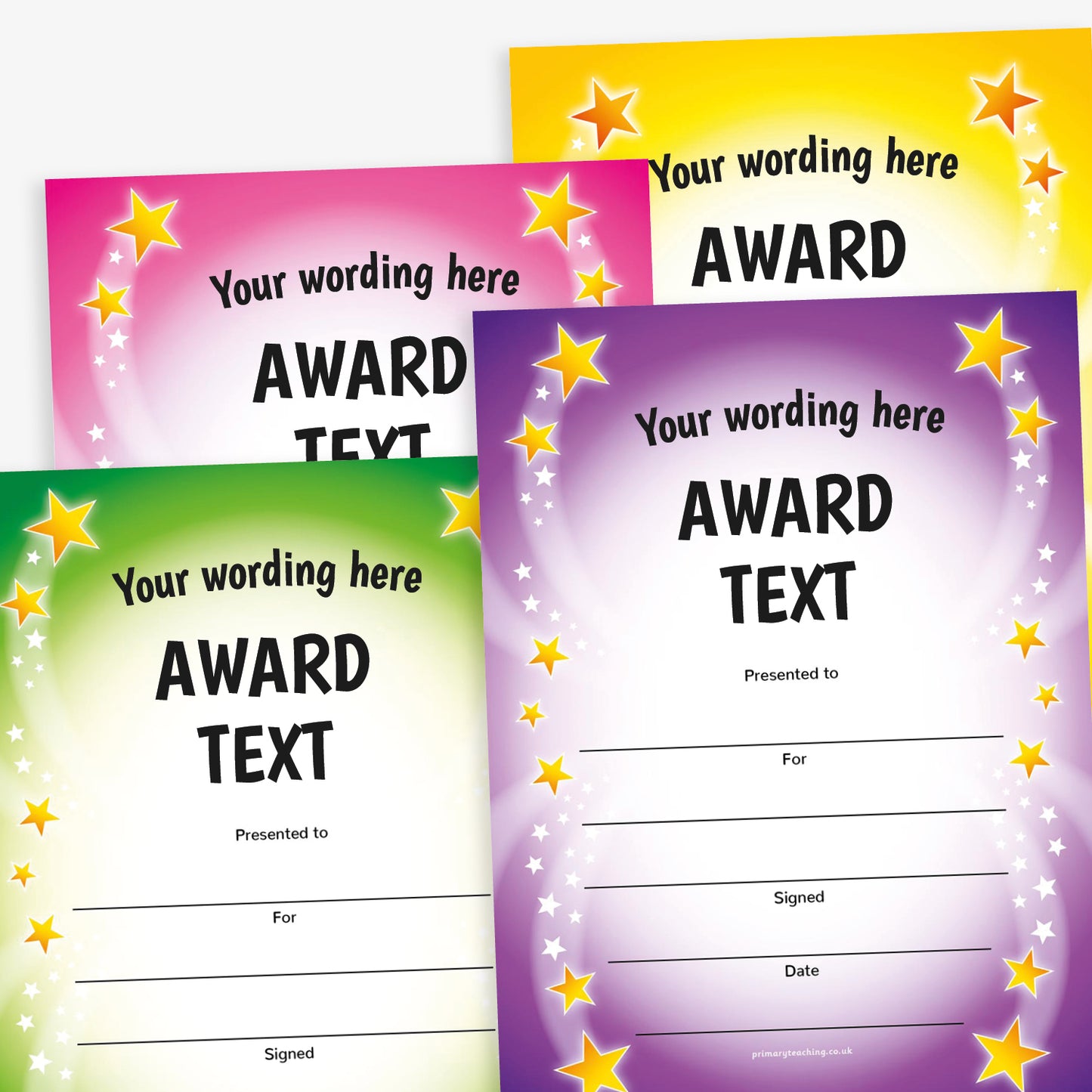Four portrait A5 award certificates in blue, purple, magenta and black gradients. Each certificate features the placeholder text 'Your wording here' and 'AWARD TEXT' in bold black letters. A curved trail of stars borders both sides of the central content. Includes blank lines for 'Presented to', 'For', 'Signed', and 'Date'