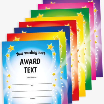 Eight portrait A5 award certificates in colourful gradients. Each certificate features the placeholder text 'Your wording here' and 'AWARD TEXT' in bold black letters. A curved trail of stars borders both sides of the central content. Includes blank lines for 'Presented to', 'For', 'Signed', and 'Date'