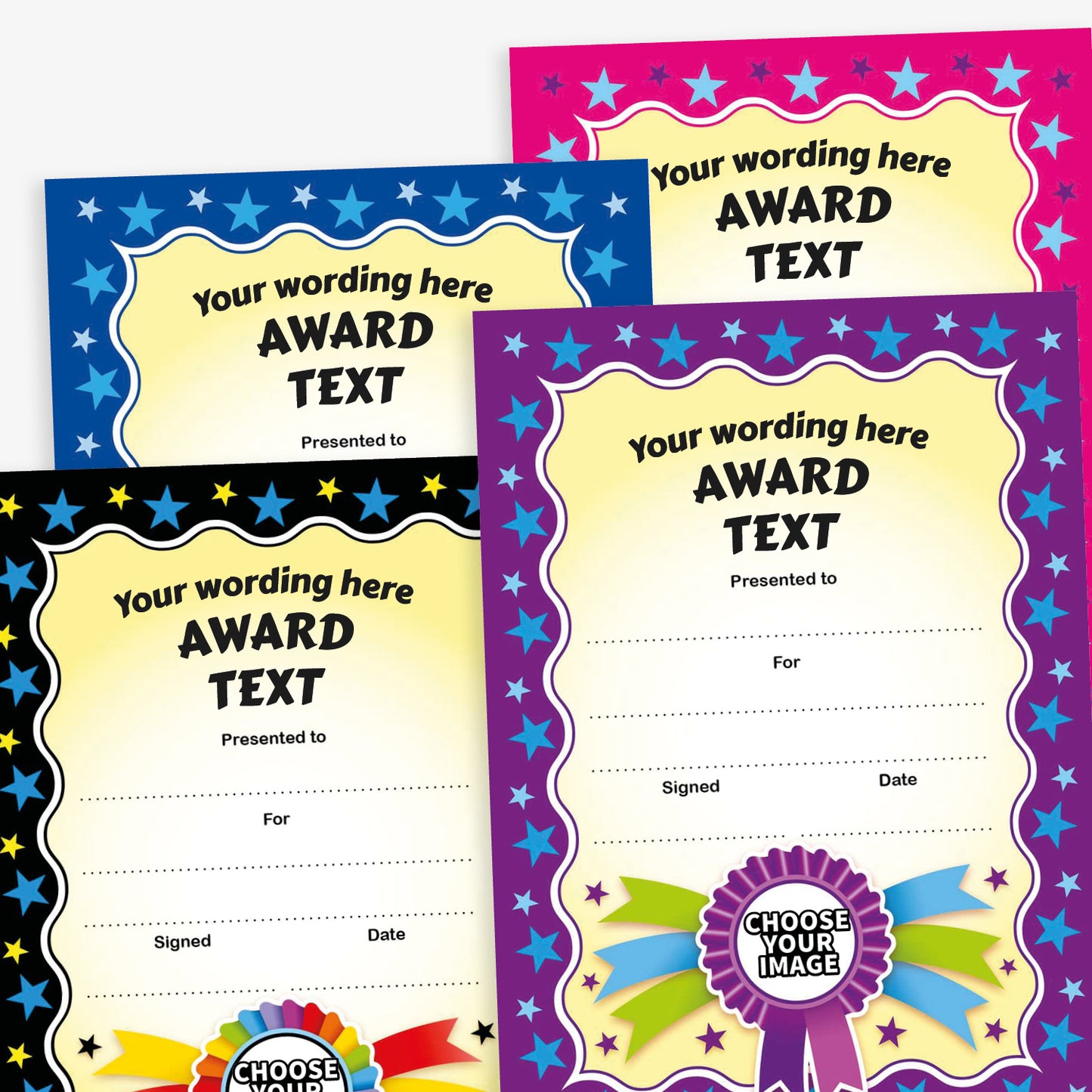 Customisable A5 certificates with vibrant borders in magenta, blue, purple and black. Each certificate features the placeholder text 'Your Wording Here' and 'Award Text' at the top, with gold ribbon accents and scattered stars. Includes blank lines for 'Presented to', 'For', 'Signed', and 'Date', and a central circular badge space labelled 'Choose Your Image' for personalisation