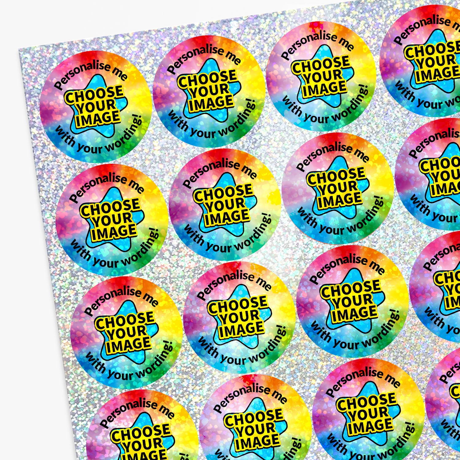 Colorful stickers with 'Choose your image' text on a glittery background
