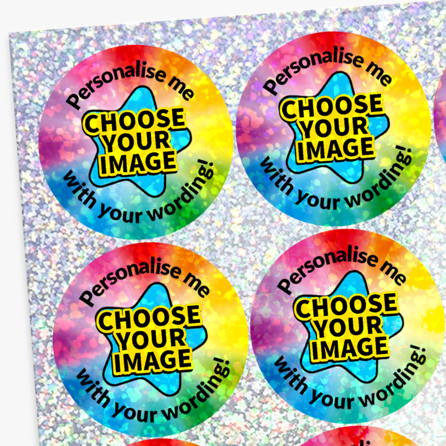 Four colorful stickers with text 'Personalise me, choose your image with your wording!' on a glittery background.