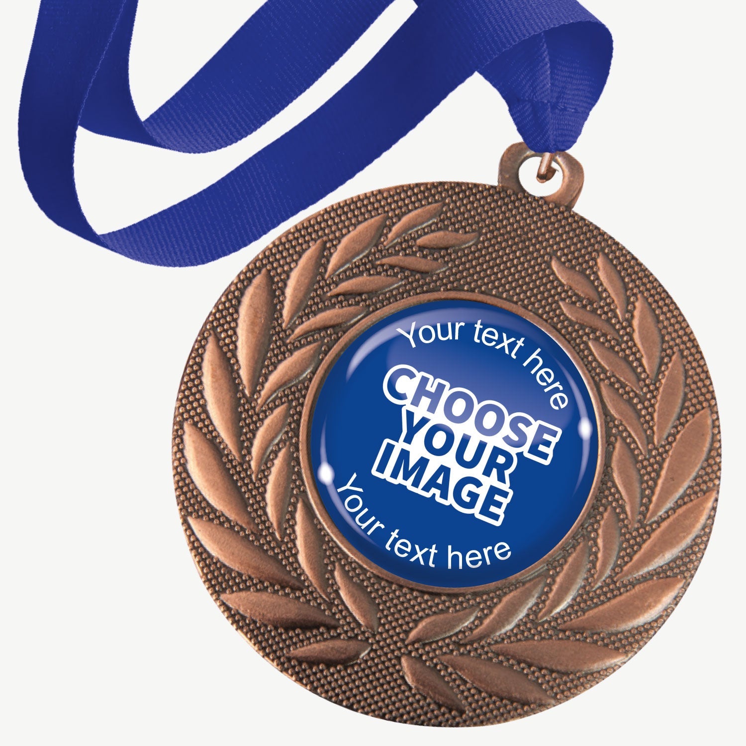 A set of ten bronze-coloured metal medals, each featuring a central 25mm circular area for custom designs, encased in a clear, glossy dome; surrounded by a laurel wreath pattern and attached to a blue ribbon; designed for personalisation with text and images, ideal for sporting events and achievements.