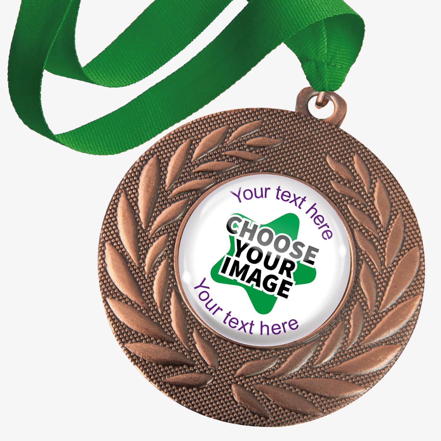 Bronze medal with wreath design and green ribbon, with customisable text and image area
