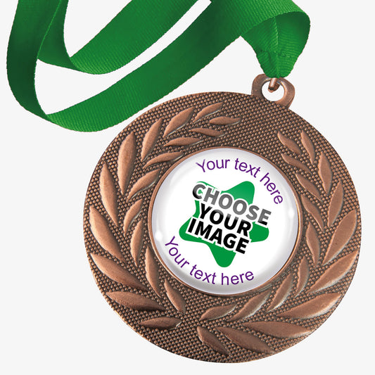 Bronze medal with wreath design and green ribbon, with customisable text and image area