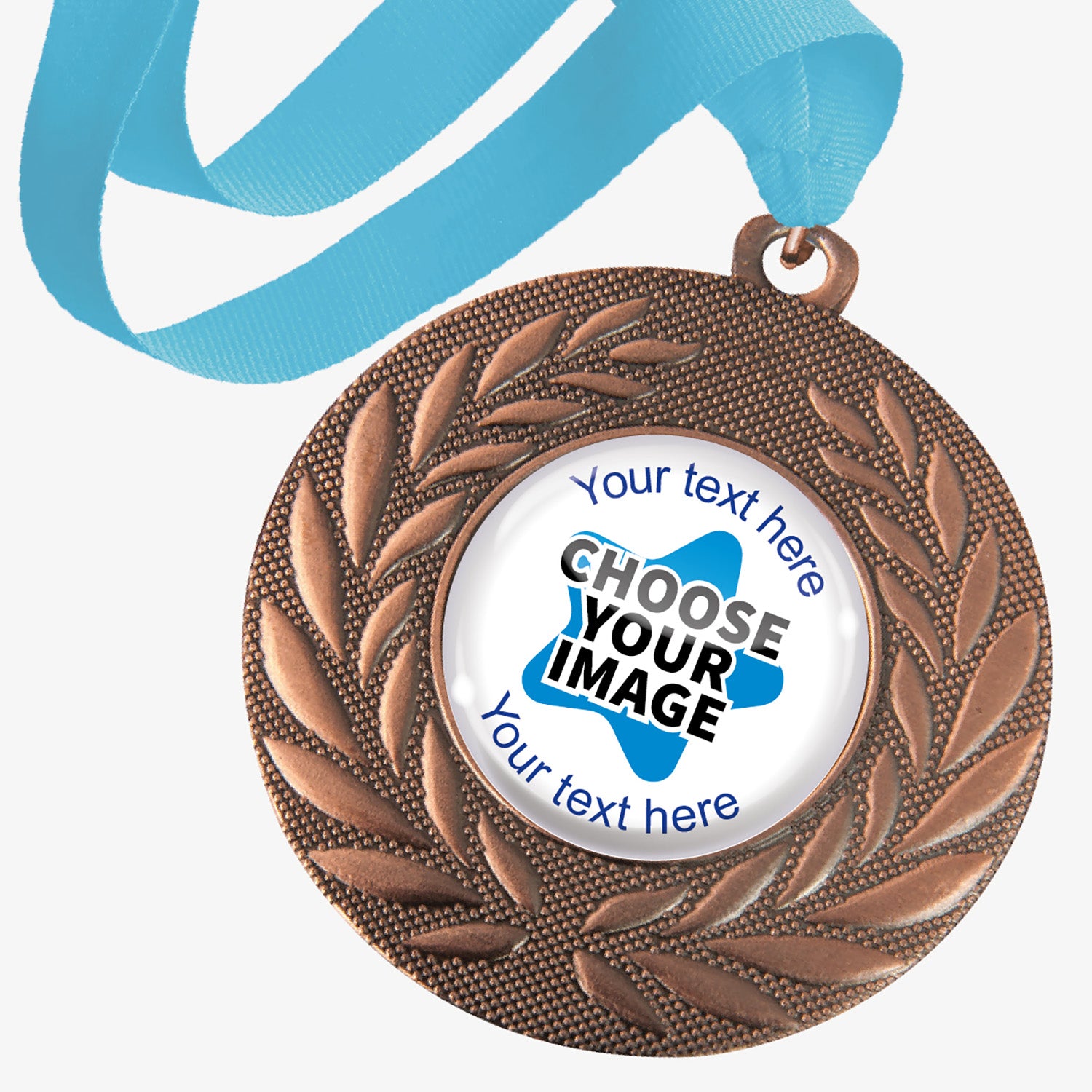 Bronze medal with wreath design and cyan ribbon with customisable text and image area, on a white background.
