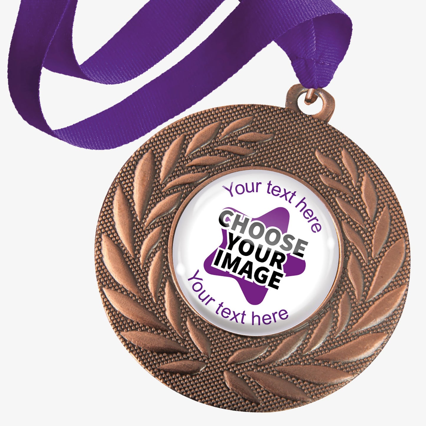 Bronze medal with wreath design and purple ribbon, with customisable text and image area