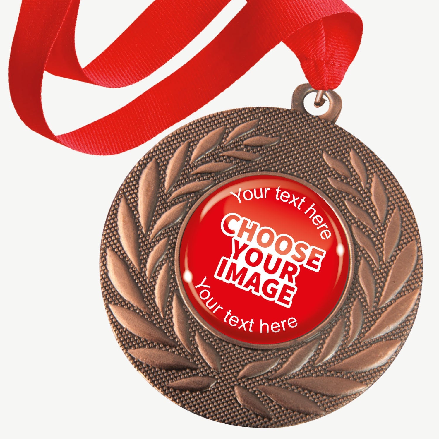 A set of ten bronze-coloured metal medals, each featuring a central 25mm circular area for custom designs, encased in a clear, glossy dome; surrounded by a laurel wreath pattern and attached to a red ribbon; designed for personalisation with text and images, ideal for sporting events and achievements.