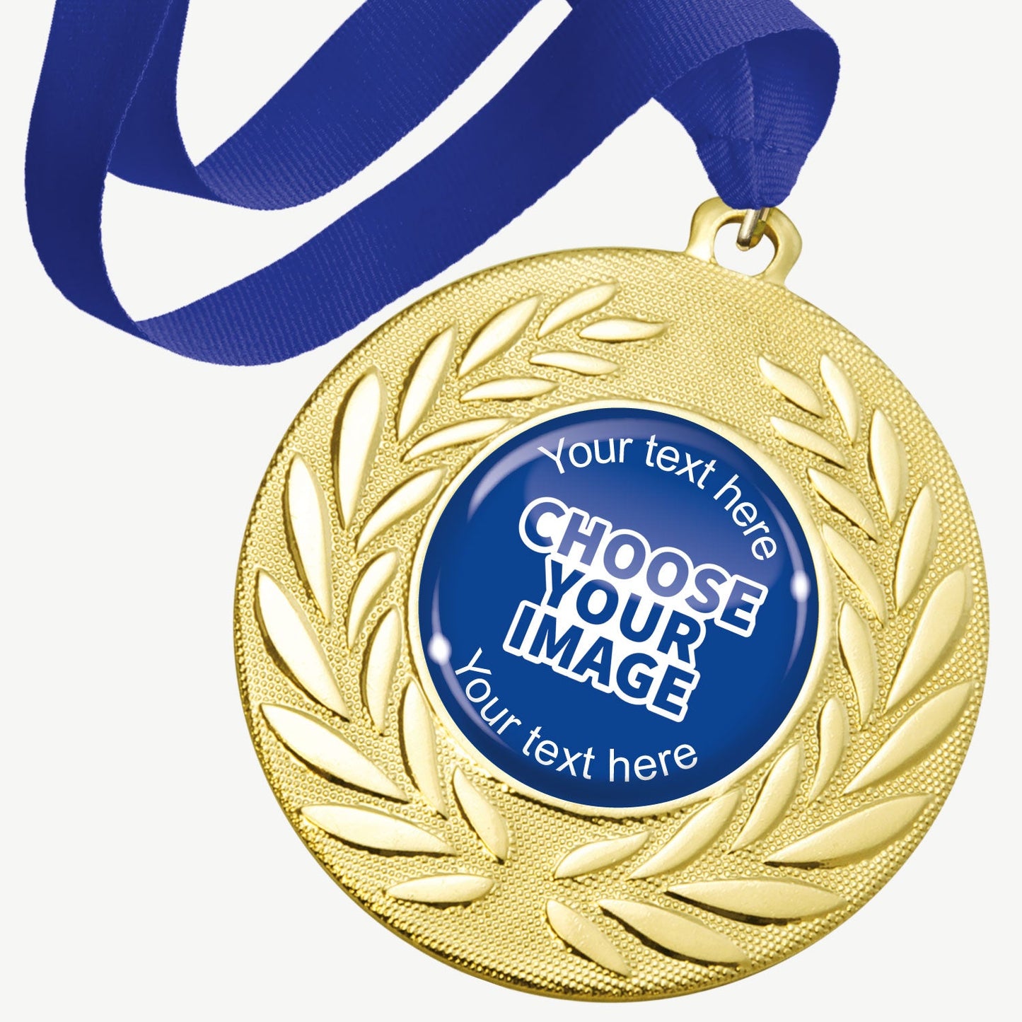 A set of ten gold-coloured metal medals, each featuring a central 25mm circular area for custom designs, encased in a clear, glossy dome; surrounded by a laurel wreath pattern and attached to a blue ribbon; designed for personalisation with text and images, ideal for sporting events and achievements.