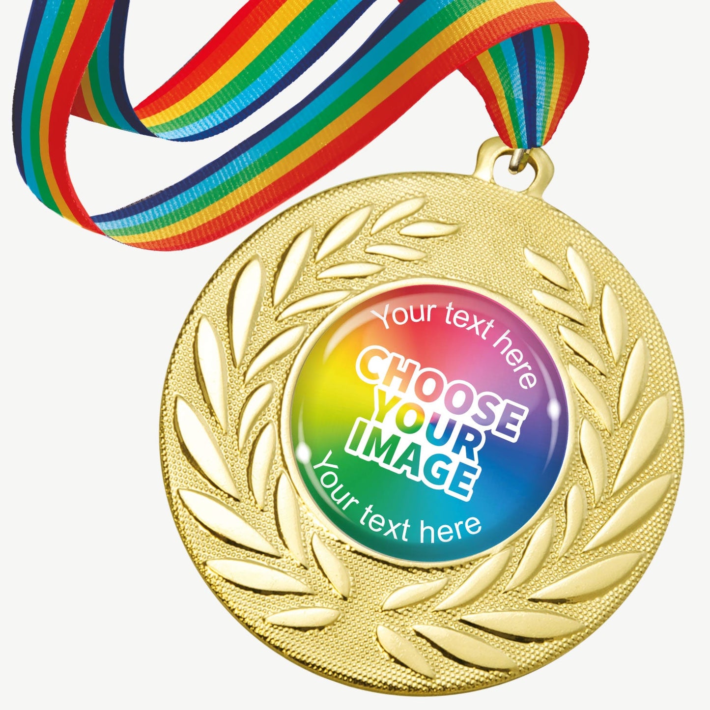 A set of ten gold-coloured metal medals, each featuring a central 25mm circular area for custom designs, encased in a clear, glossy dome; surrounded by a laurel wreath pattern and attached to a rainbow-striped ribbon; designed for personalisation with text and images, ideal for sporting events and achievements.