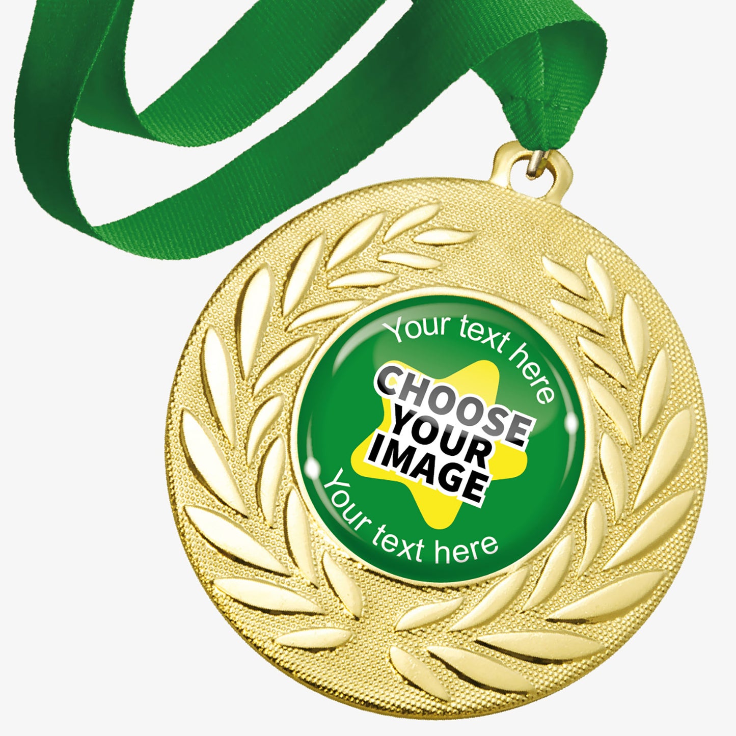 Gold medal with wreath design and green ribbon, with customisable text and image area