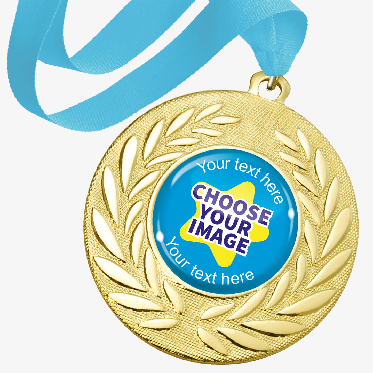 Gold medal with wreath design and cyan ribbon with customisable text and image area, on a white background.