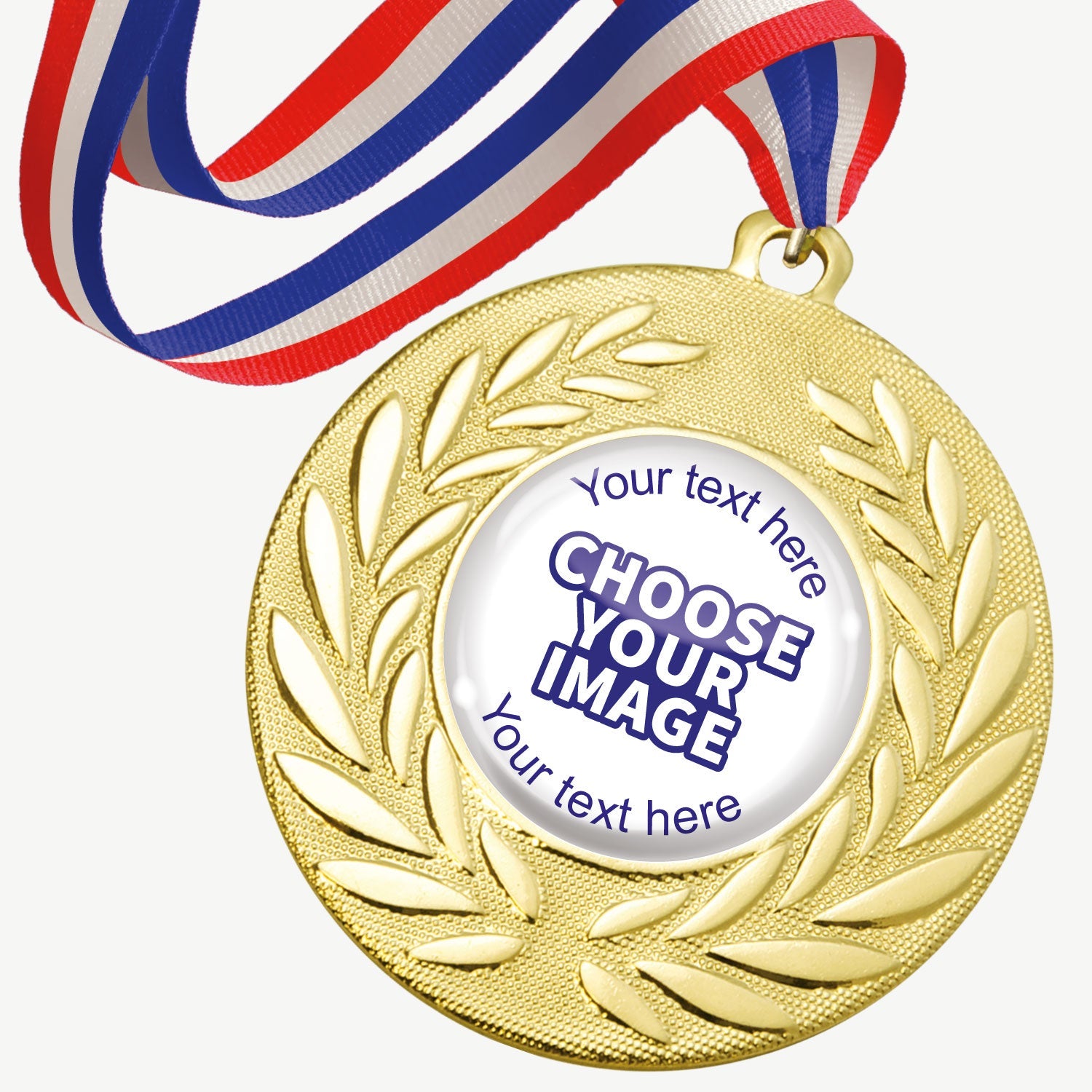 A set of ten gold-coloured metal medals, each featuring a central 25mm circular area for custom designs, encased in a clear, glossy dome; surrounded by a laurel wreath pattern and attached to a red, white and blue striped ribbon; designed for personalisation with text and images, ideal for sporting events and achievements.