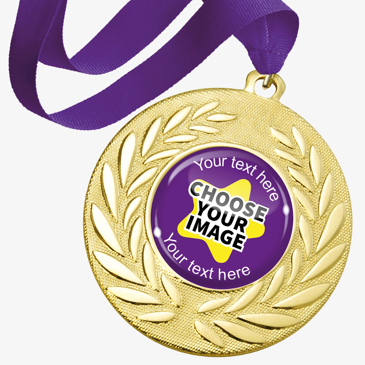 Gold medal with wreath design and purple ribbon, with customisable text and image area