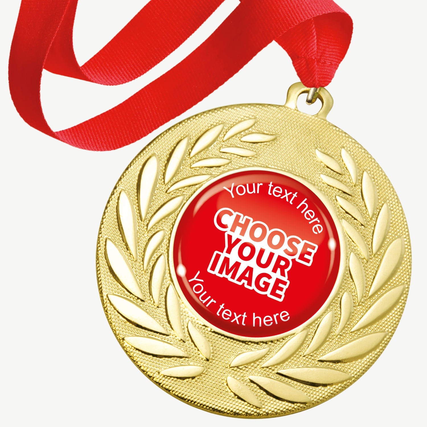 A set of ten gold-coloured metal medals, each featuring a central 25mm circular area for custom designs, encased in a clear, glossy dome; surrounded by a laurel wreath pattern and attached to a red ribbon; designed for personalisation with text and images, ideal for sporting events and achievements.