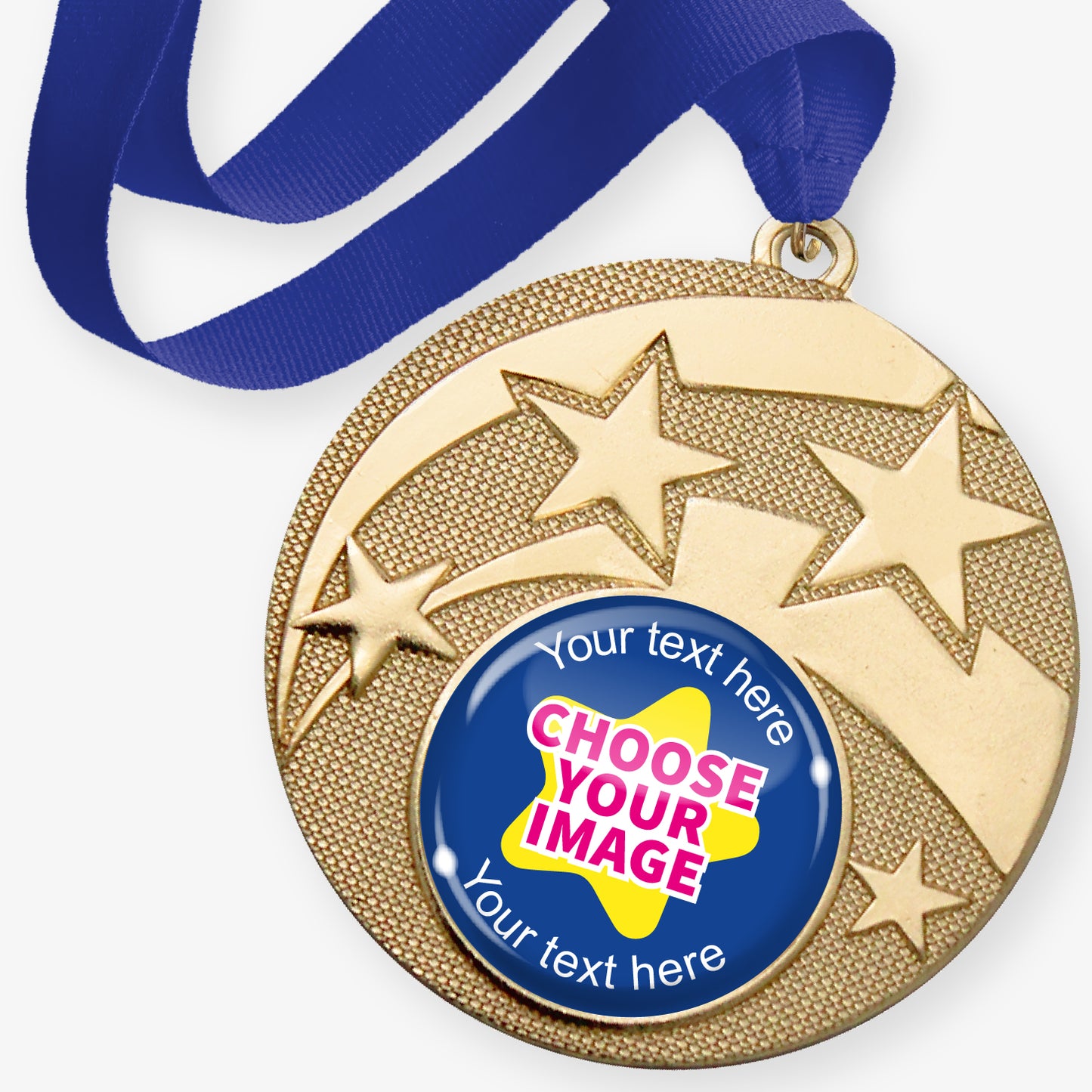 Gold medal with star design and customisable text and image area, featuring a blue ribbon.