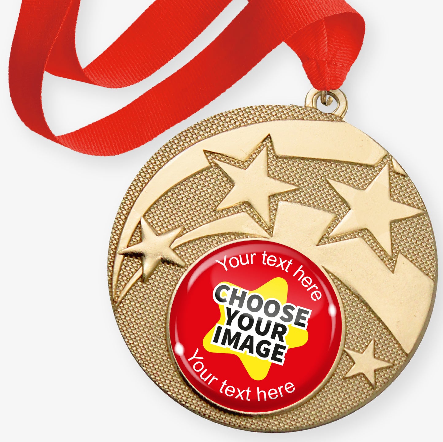Gold medal with star design and customisable text and image area, featuring a red ribbon.