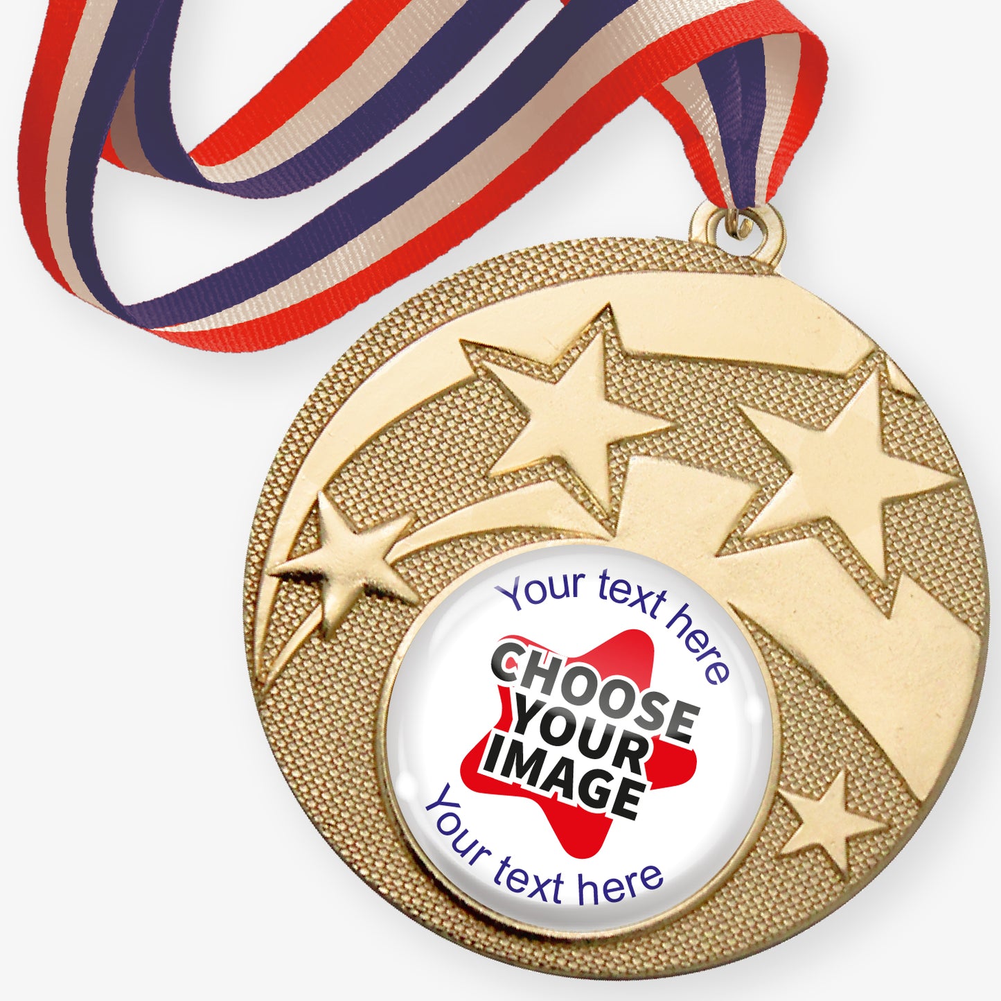 Gold medal with star design and customisable text and image area, featuring a red, white and blue striped ribbon.