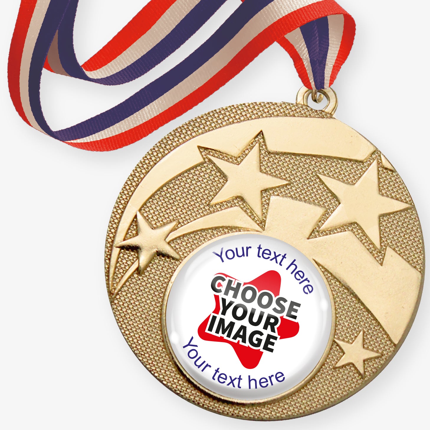 Gold medal with star design and customisable text and image area, featuring a red, white and blue striped ribbon.