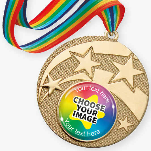 Gold medal with star design and customisable text and image area, featuring a rainbow ribbon.