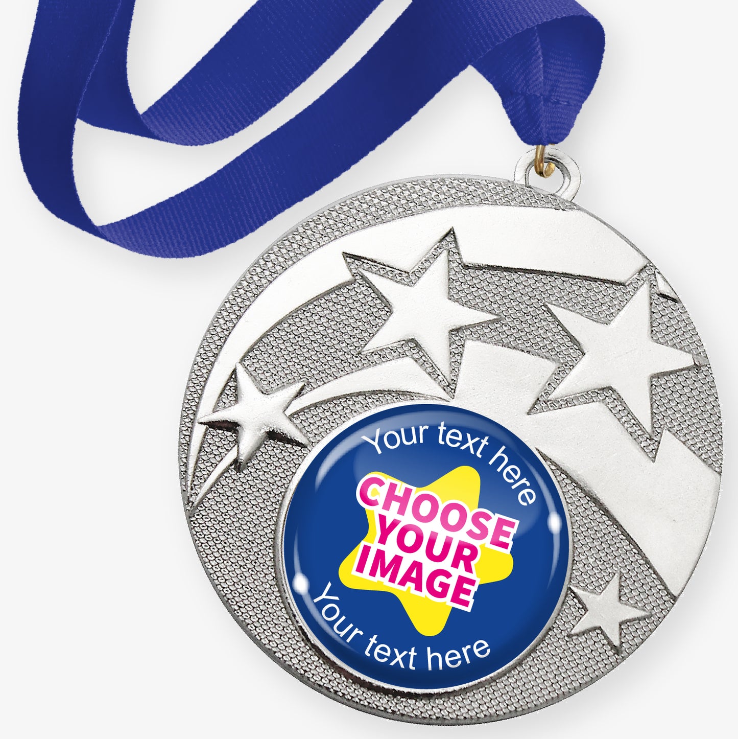 Silver medal with star design and customisable text and image area, featuring a blue ribbon.