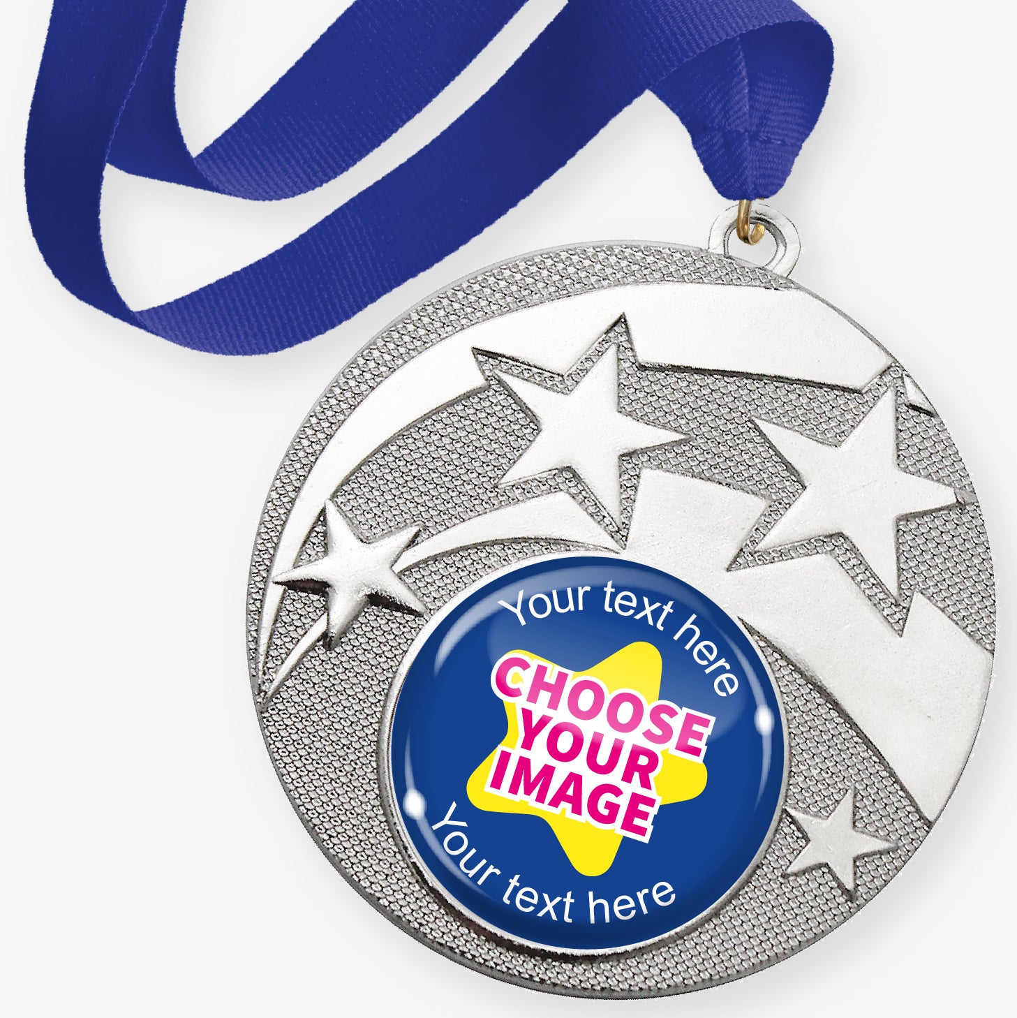 Silver medal with star design and customisable text and image area, featuring a blue ribbon.