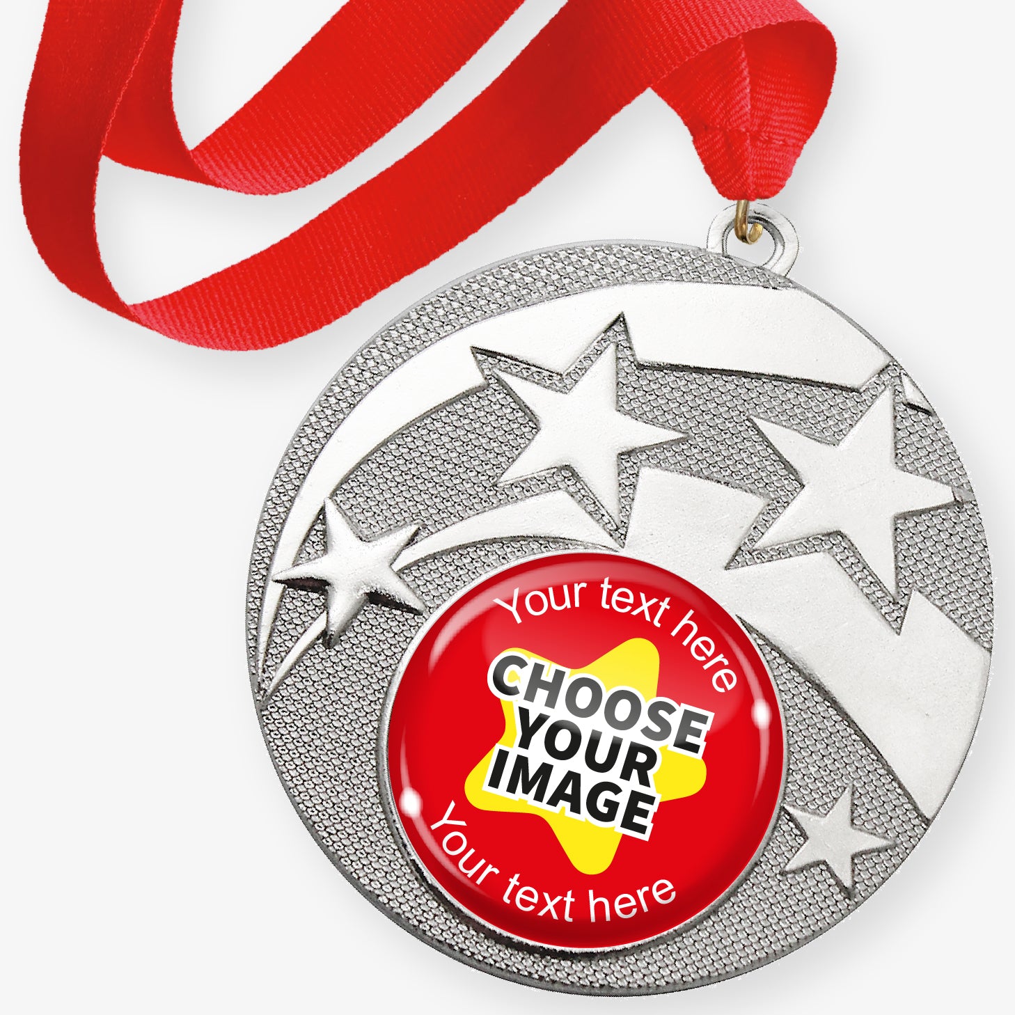 Silver medal with star design and customisable text and image area, featuring a red ribbon.