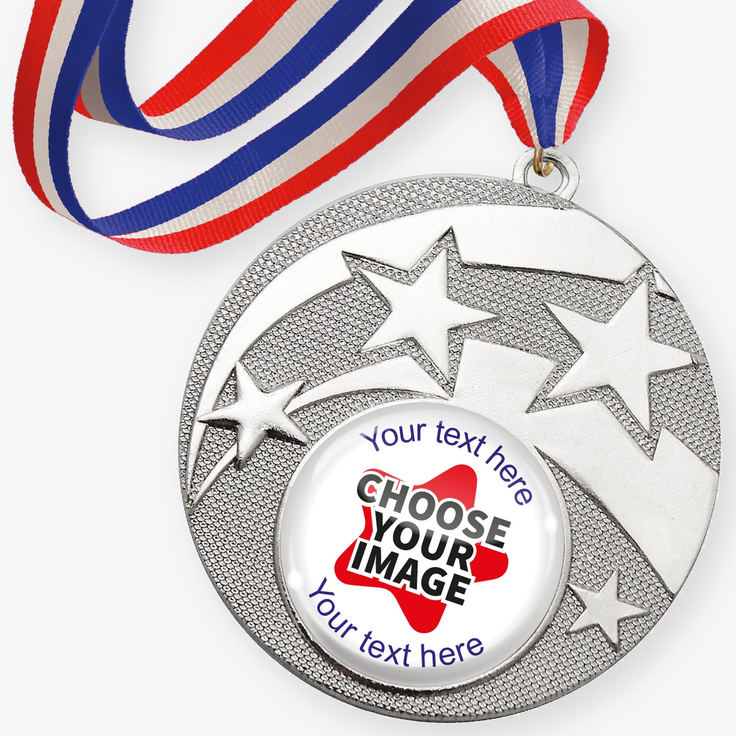 Silver medal with star design and customisable text, featuring a red, white, and blue ribbon.