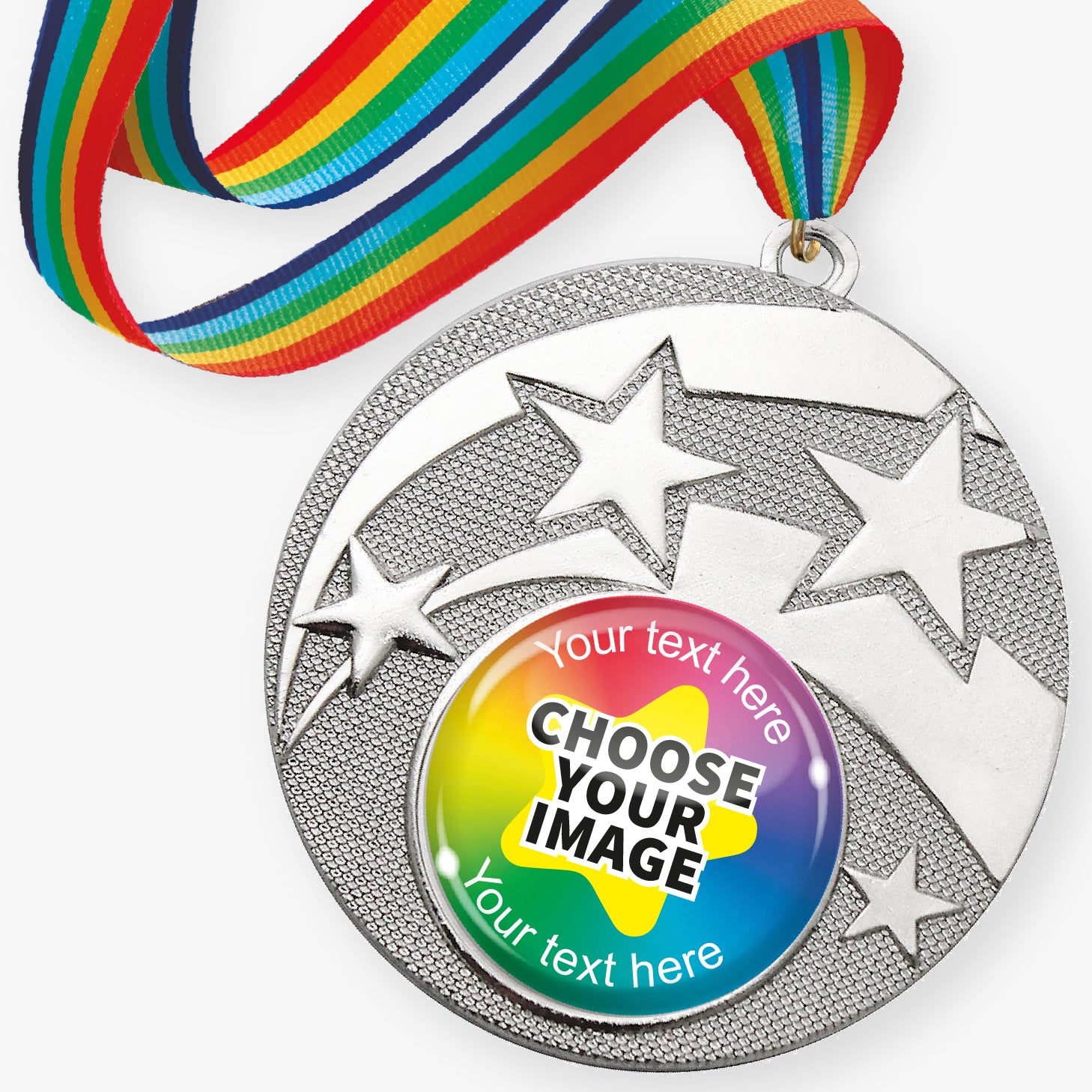 Silver medal with star design and customisable text and image area, featuring a rainbow ribbon.