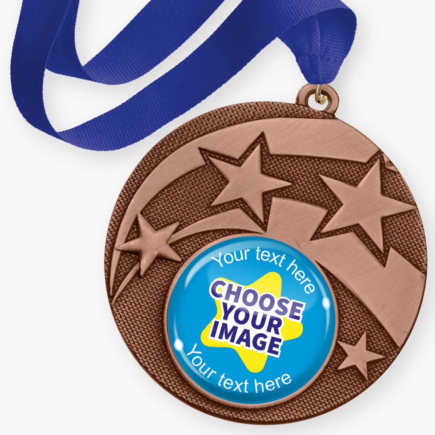 Bronze medal with blue ribbon and customisable text and image area.