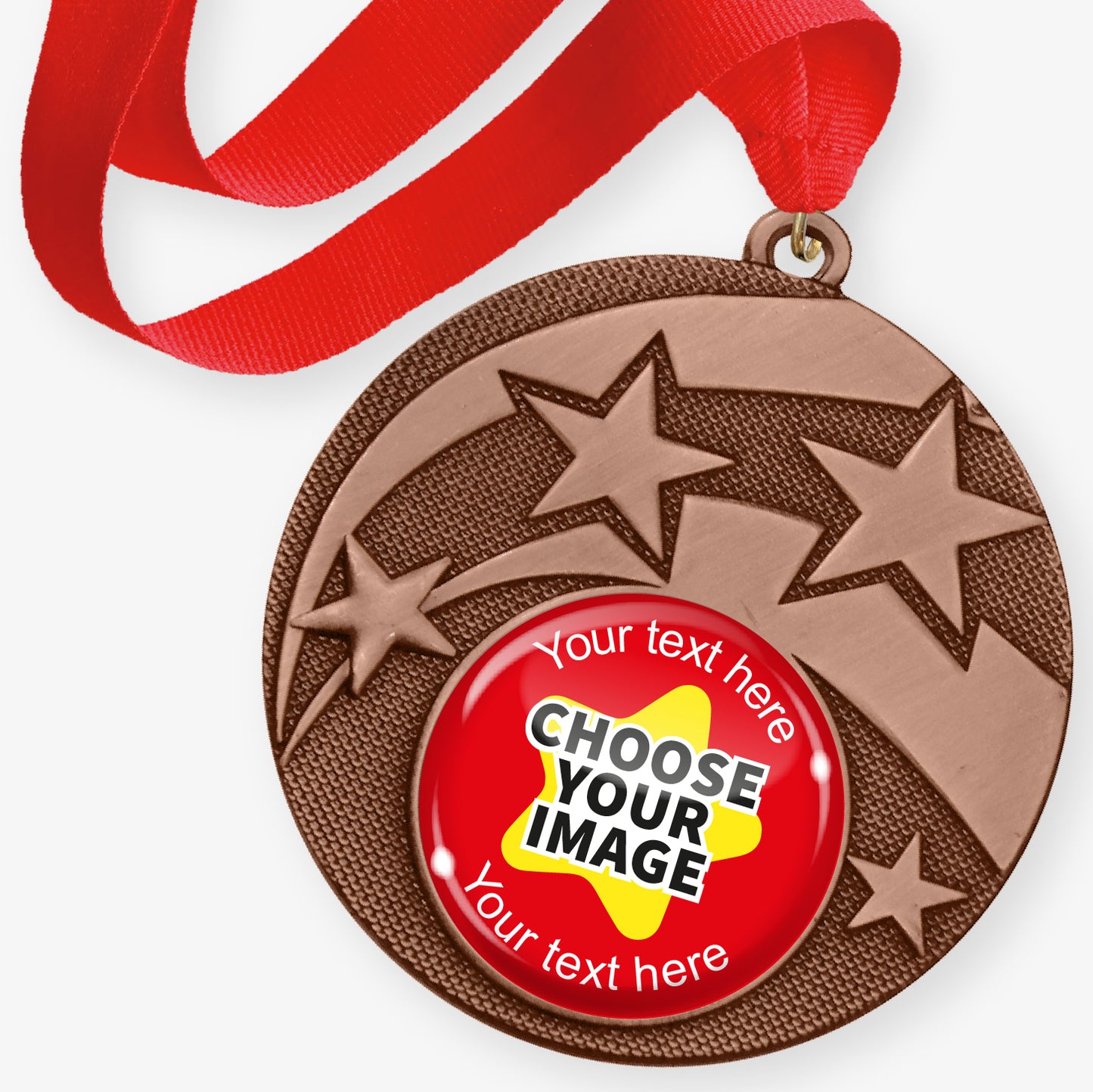 Bronze medal with red ribbon and customisable text and image area on a white background