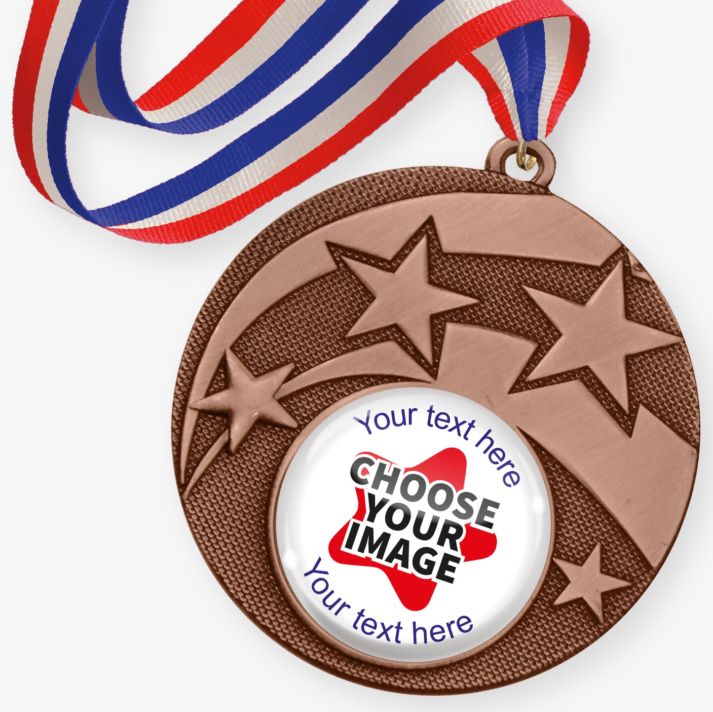 Bronze medal with red, white, and blue ribbon on a white background