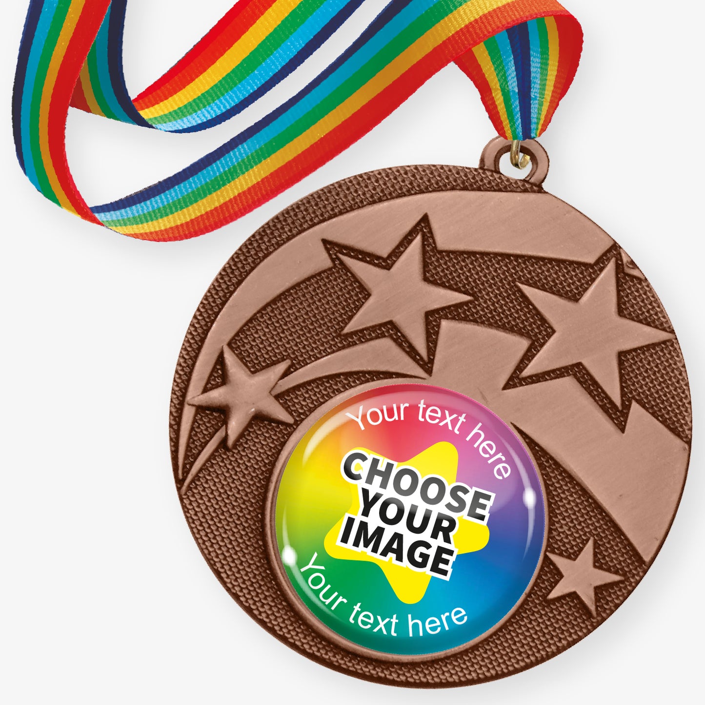 Bronze medal with star design and customisable text and image area, featuring a rainbow ribbon.