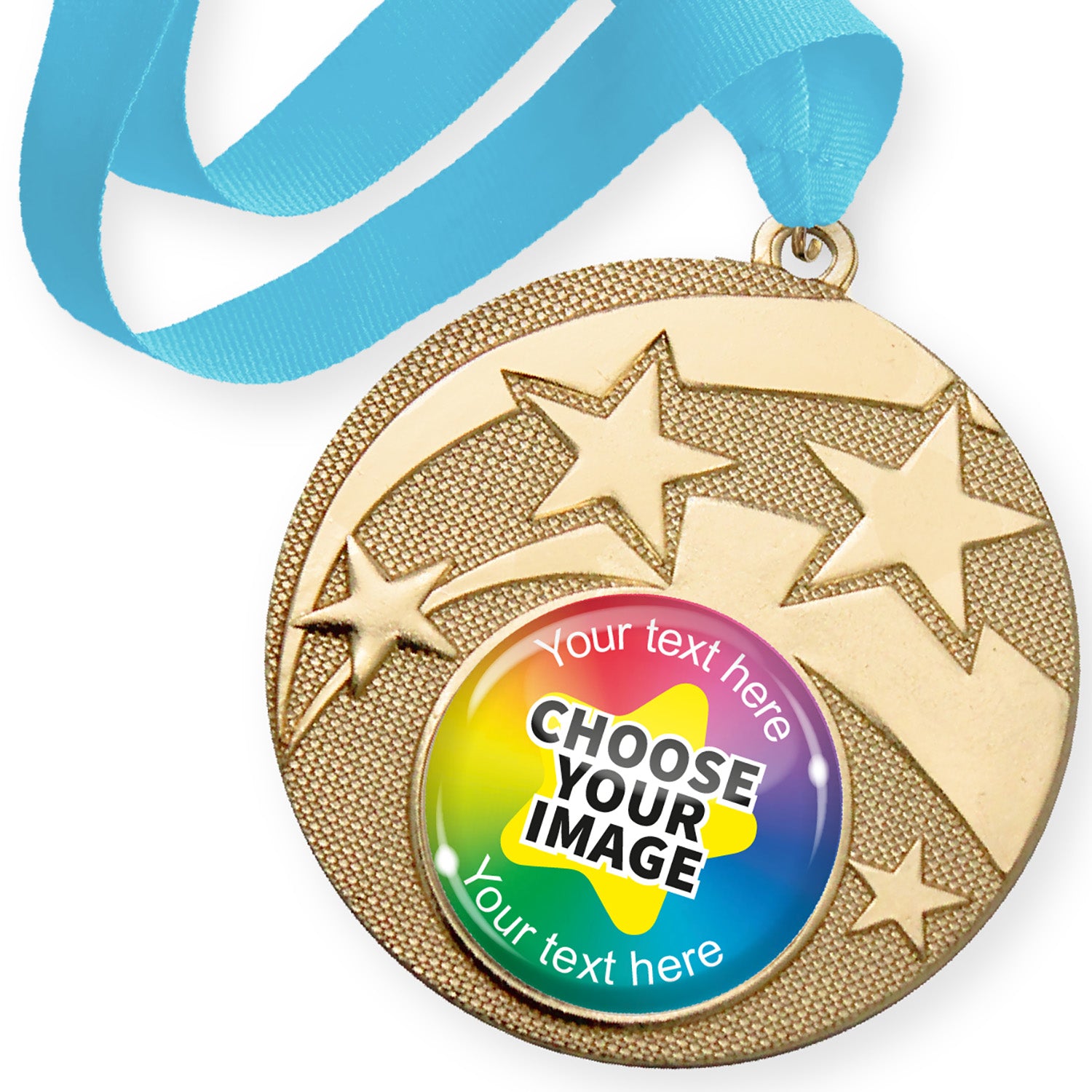 Gold medal with star design and cyan ribbon with customisable text and image area, on a white background.