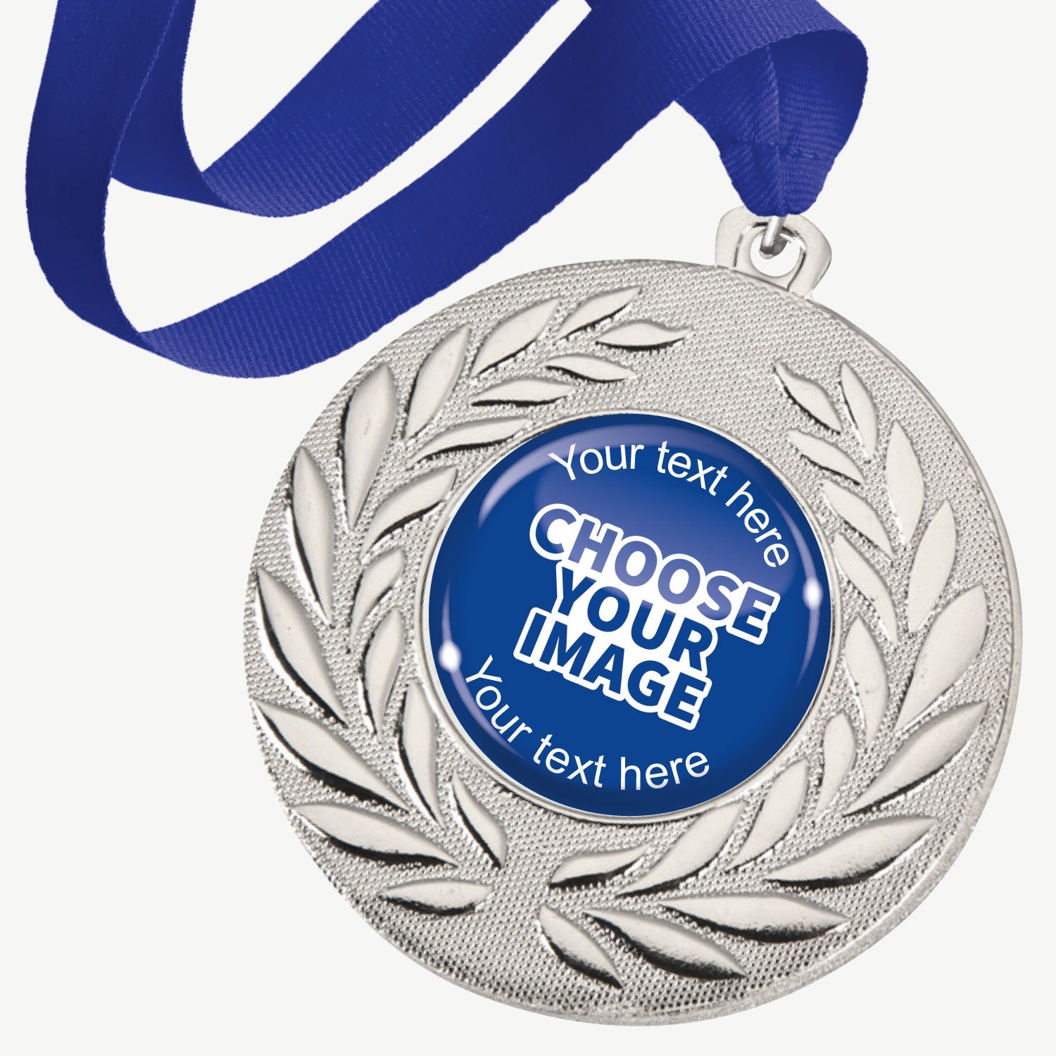 A set of ten silver-coloured metal medals, each featuring a central 25mm circular area for custom designs, encased in a clear, glossy dome; surrounded by a laurel wreath pattern and attached to a blue ribbon; designed for personalisation with text and images, ideal for sporting events and achievements.